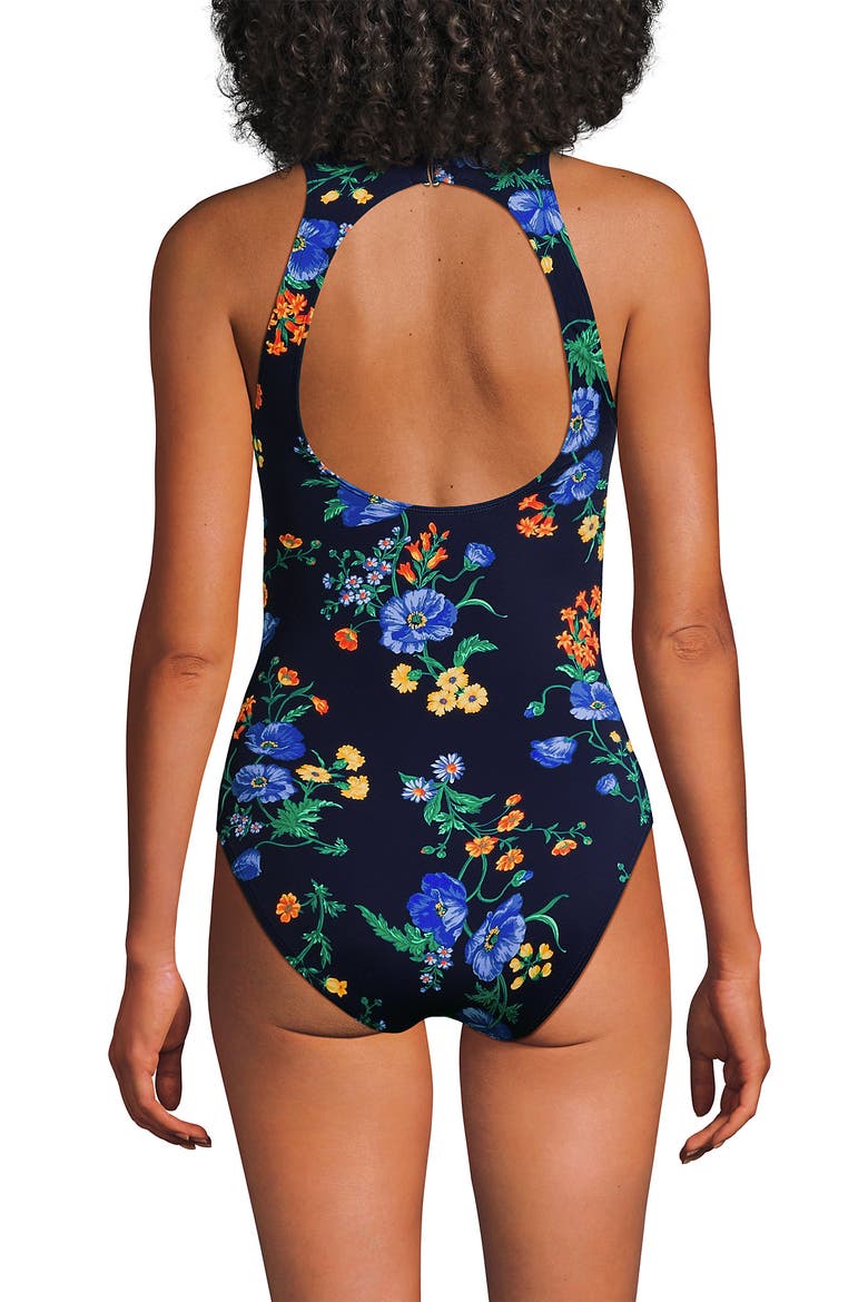 Long Tugless High Neck Portrait Back One Piece Swimsuit, Alternate, color, Navy/Tossed Poppy Floral