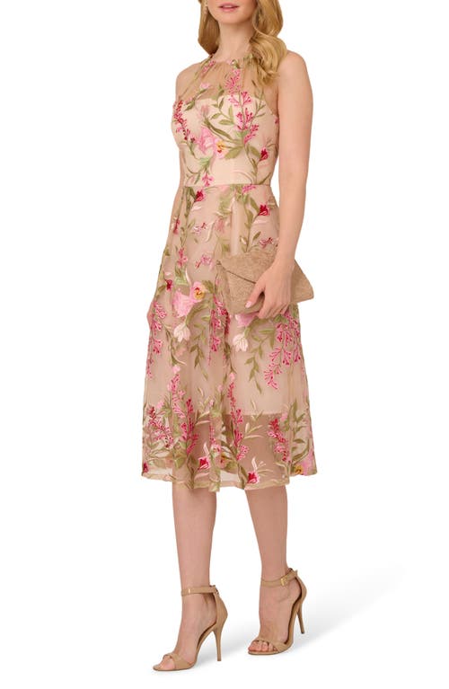 ADRIANNA PAPELL ADRIANNA PAPELL FLORAL EMBROIDERED SLEEVELESS FIT & FLARE MIDI DRESS