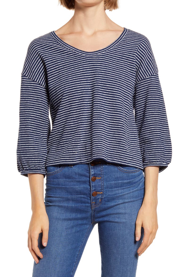 V-Neck Bubble-Sleeve Sweatshirt, Main, color, MYSTIQUE STRIPE BENGALI INDIGO