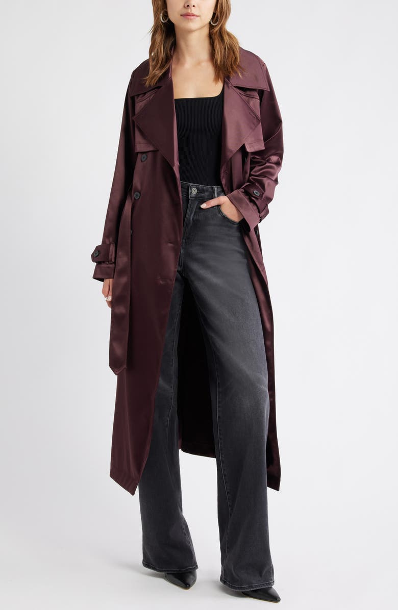 Open Edit Belted Satin Trench Jacket, Main, color, Burgundy Fudge