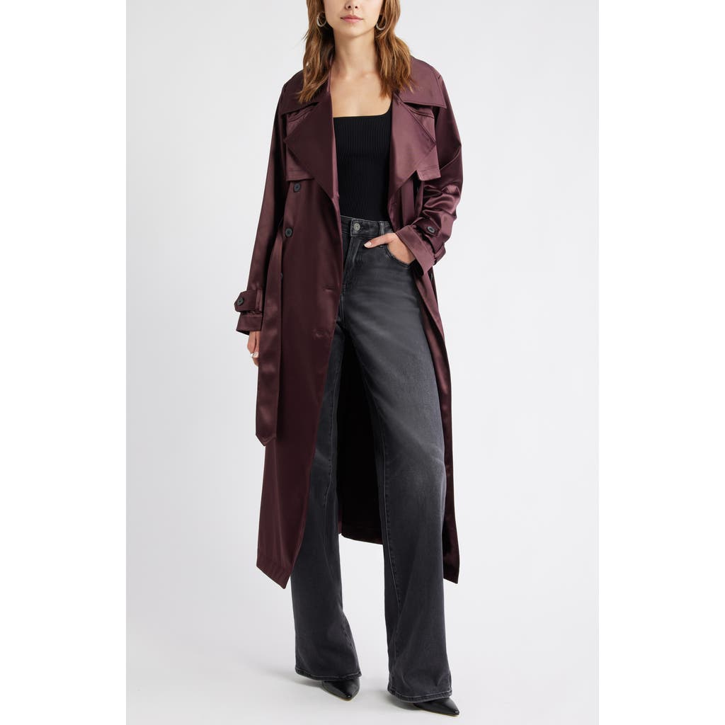 Open Edit Belted Satin Trench Jacket In Burgundy