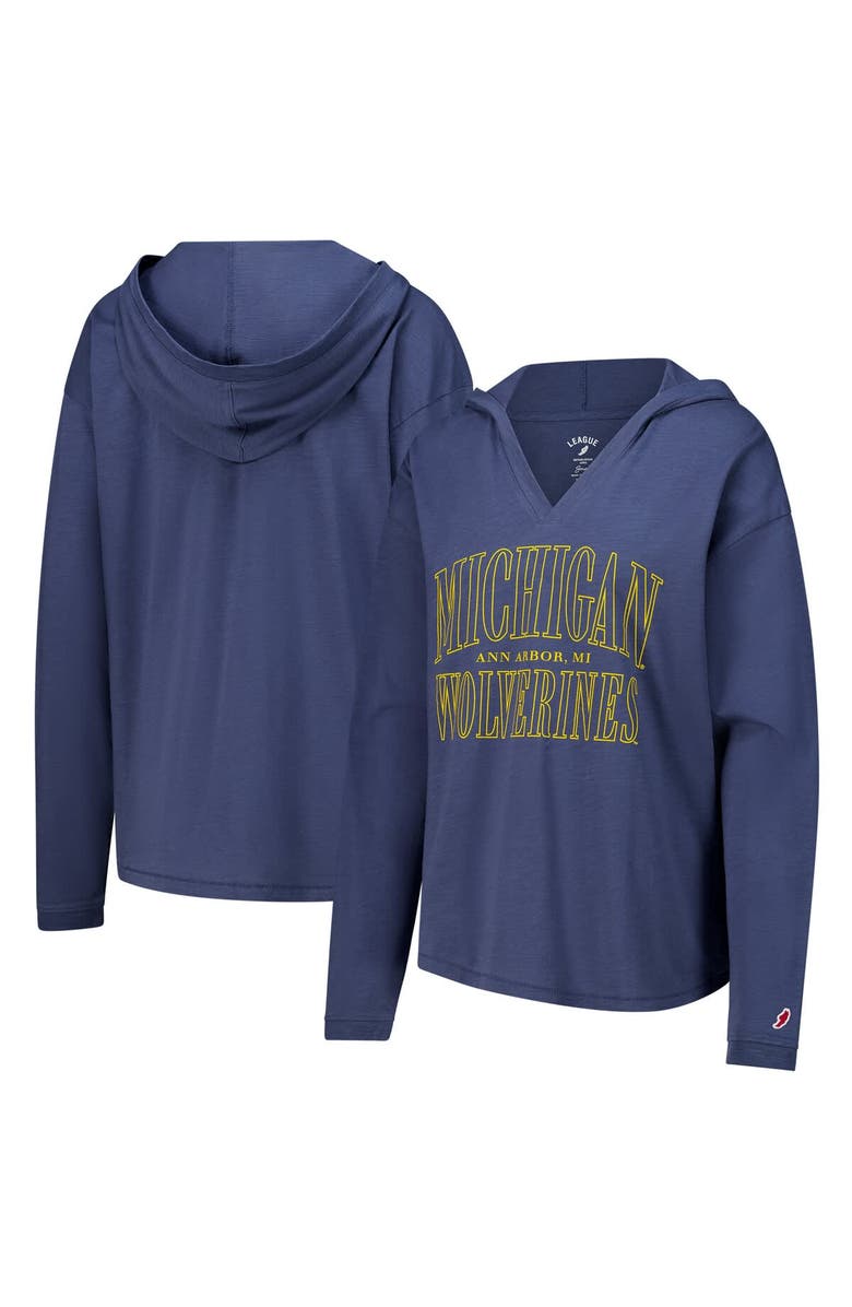 LEAGUE COLLEGIATE WEAR Women's League Collegiate Wear Navy Michigan Wolverines Slub Long Sleeve V-Neck Hoodie T-Shirt, Main, color, Navy
