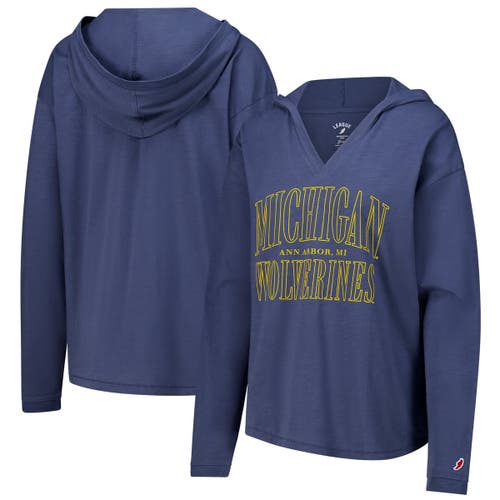 League Collegiate Wear Navy Michigan Wolverines Slub Long Sleeve V-neck Hoodie T-shirt In Blue
