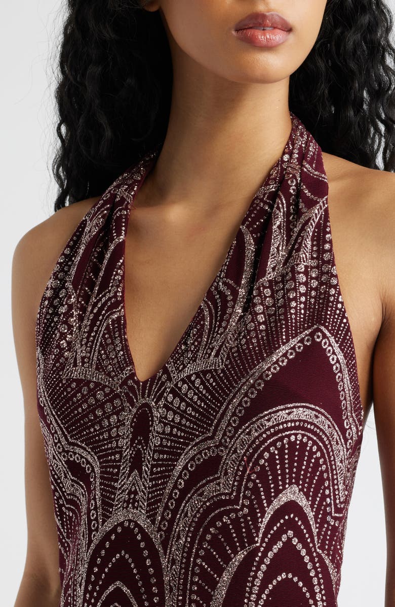 Jump Apparel Glitter Slinky Halter Cocktail Minidress, Alternate, color, Wine/ Gold