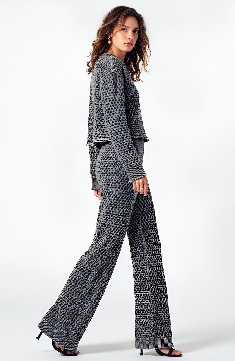 Modenaire Textured Knit Sweater Set with Crewneck Pullover and Wide-Leg Pants, Alternate, color,