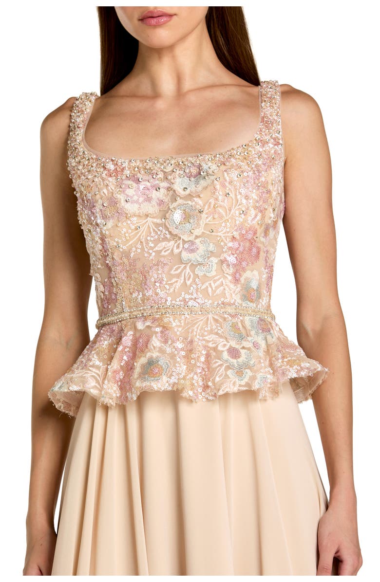 Mac Duggal Embroidered Peplum Top With Chiffon Skirt Gown, Alternate, color, Champagne