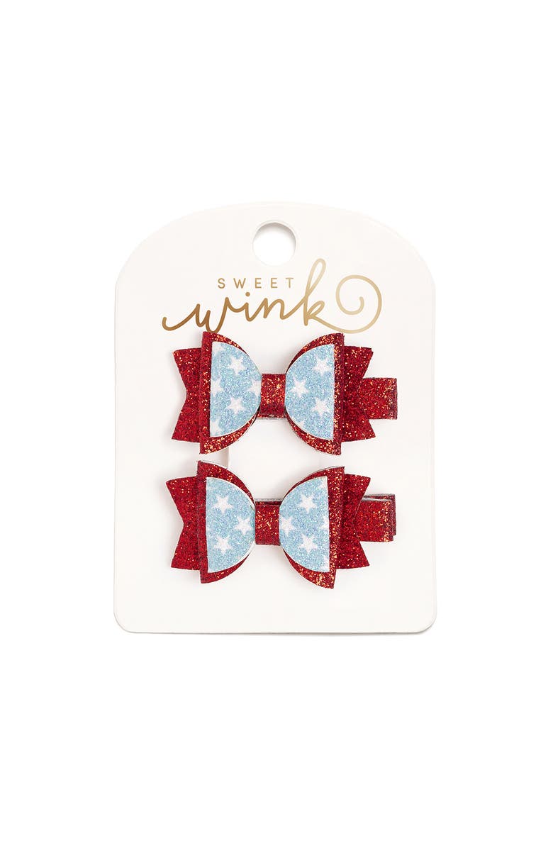 Sweet Wink Glitter Flag Bow Clip Set, Main, color, Red