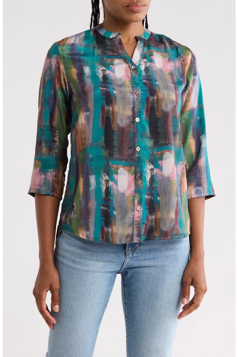 Print Three-Quarter Sleeve Button-Up Shirt, Main, color, BLUE MULTI