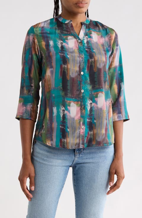 Print Three-Quarter Sleeve Button-Up Shirt