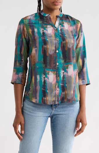 Print Three-Quarter Sleeve Button-Up Shirt