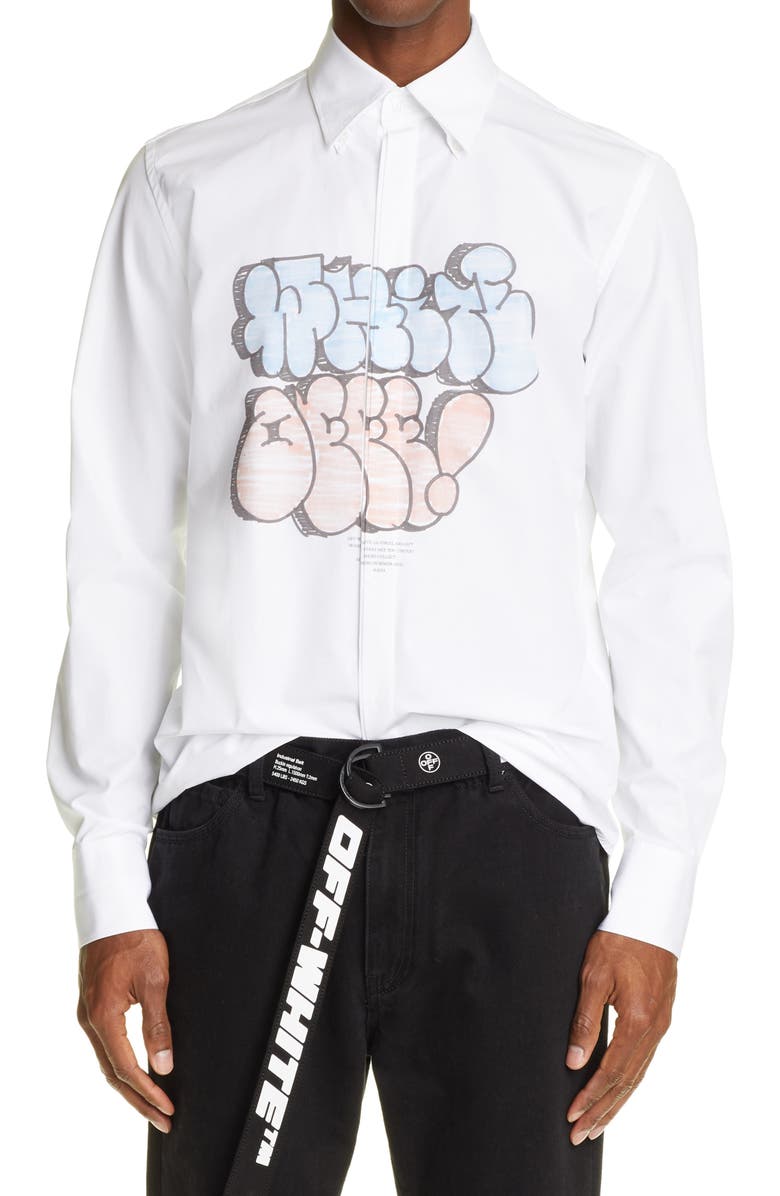 Off-White Graffiti Graphic Button-Up Shirt, Main, color, 
