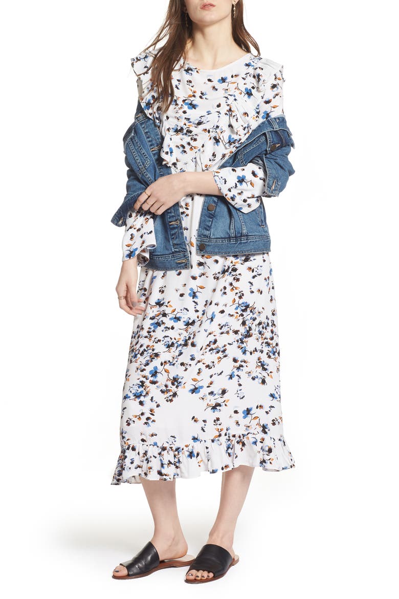 Print Ruffle Maxi Dress, Main, color, WHITE SCATTERED FLORAL