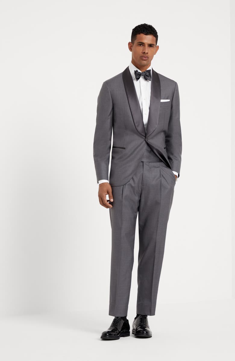 Brunello Cucinelli Lightweight virgin wool and silk twill tuxedo with shawl lapel jacket and pleated trousers, Alternate, color,