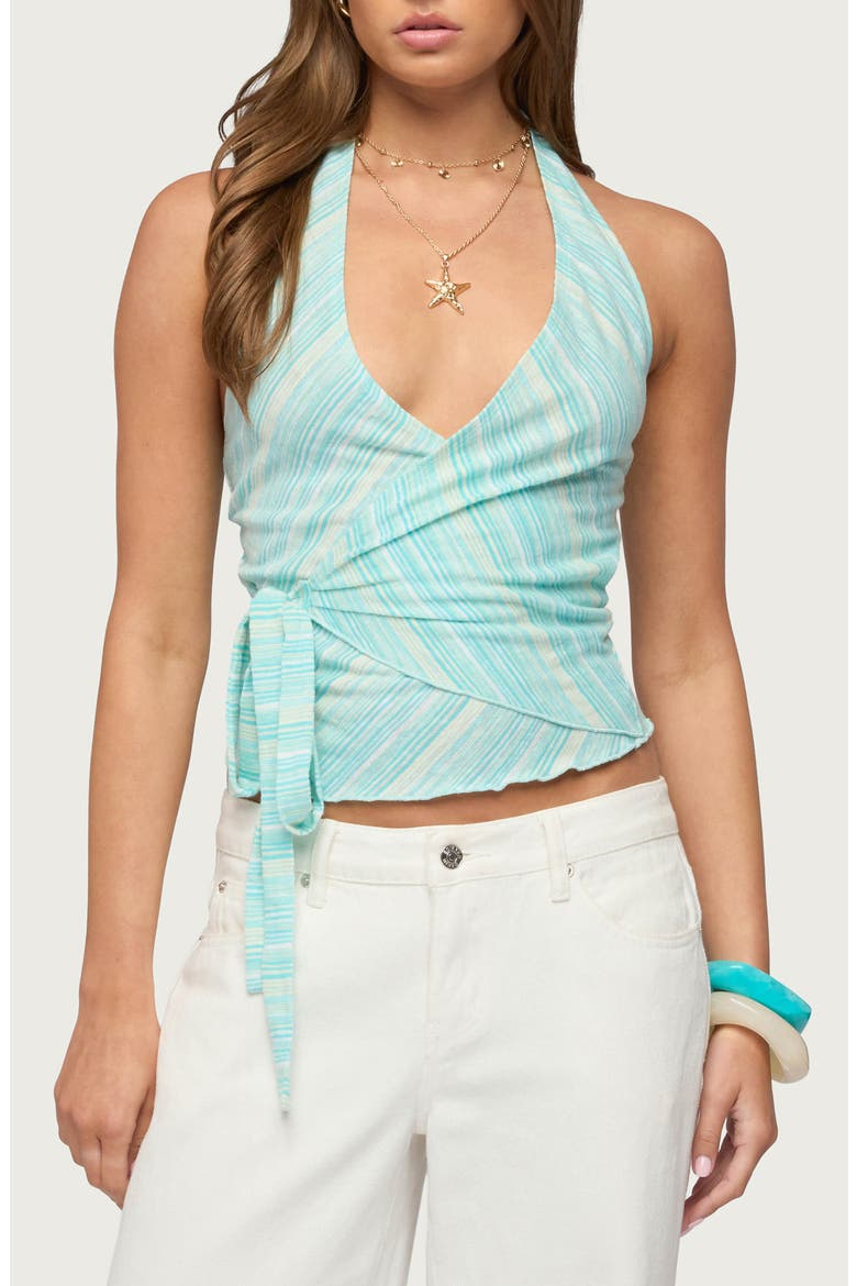 Aquarelle Stripe Faux Wrap Crop Top, Main, color, AQUA