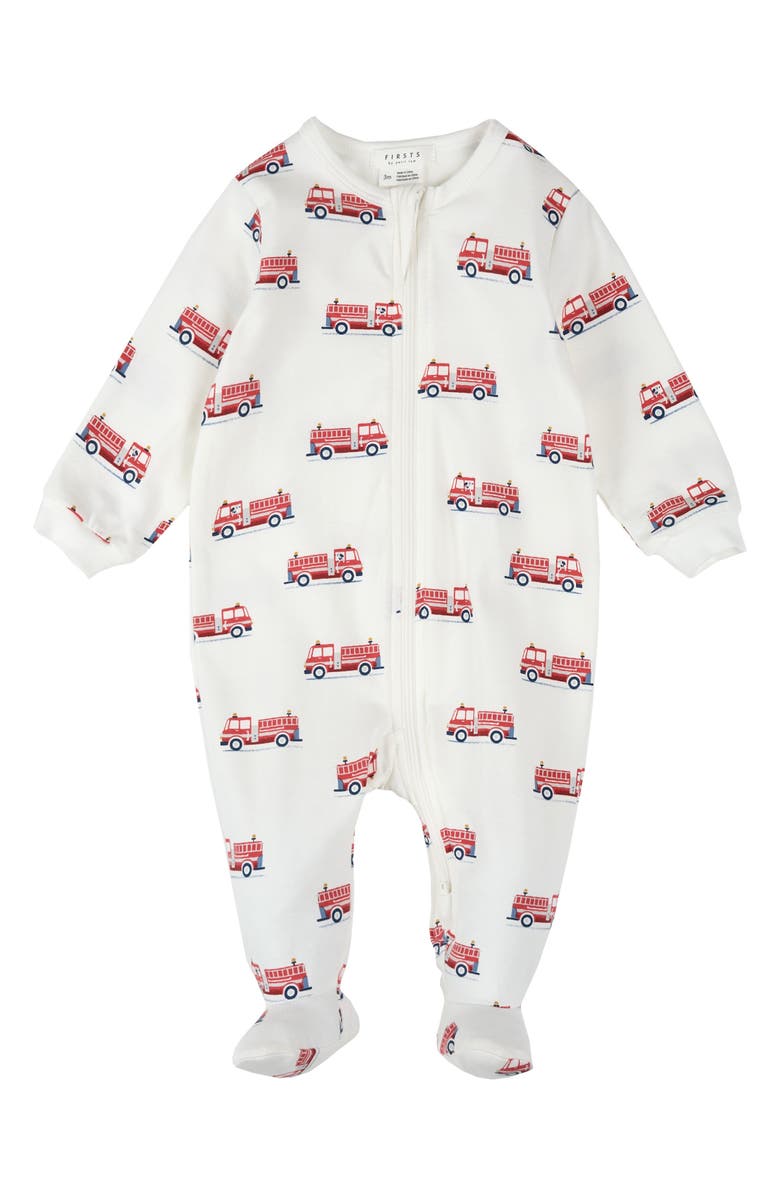 FIRSTS by Petit Lem Fire Truck Print Footed Stretch Cotton One-Piece Pajamas, Main, color, Off White