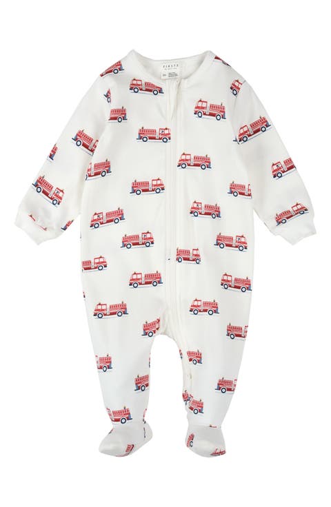 Fire Truck Print Footed Stretch Cotton One-Piece Pajamas (Baby)