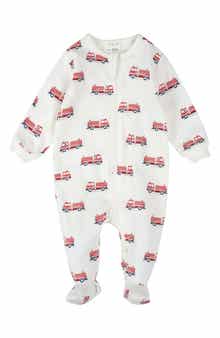 FIRSTS by Petit Lem Fire Truck Print Footed Stretch Cotton One-Piece Pajamas