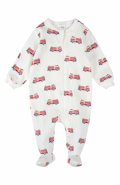 FIRSTS by Petit Lem Fire Truck Print Footed Stretch Cotton One-Piece Pajamas