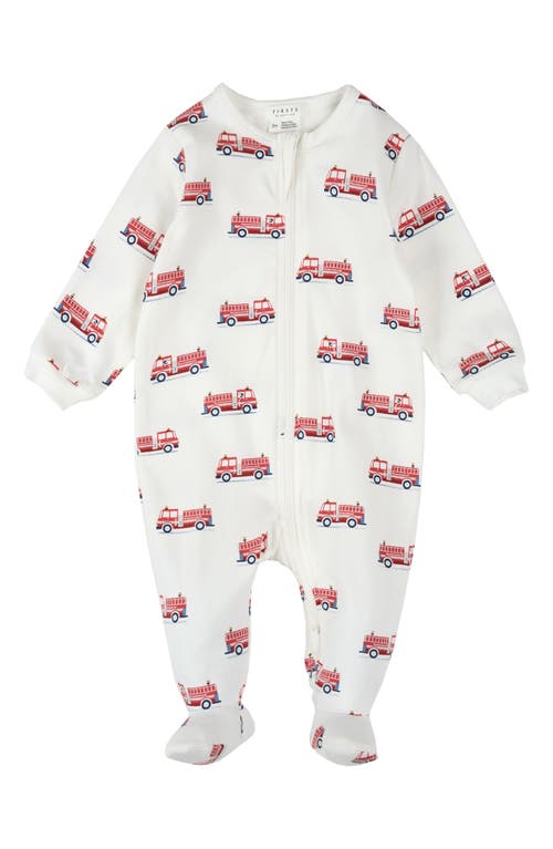 Firsts By Petit Lem Fire Truck Print Footed Stretch Cotton One-piece Pajamas In White
