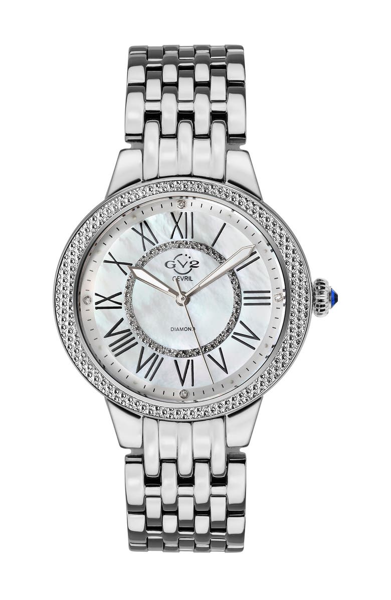 GV2 Astor II Mother-of-Pearl Diamond Bracelet Strap Watch, 38mm - 0.24 ctw, Main, color, Silver