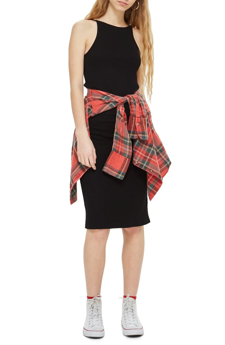 Topshop Scoop Back Ribbed Midi Dress, Main, color,