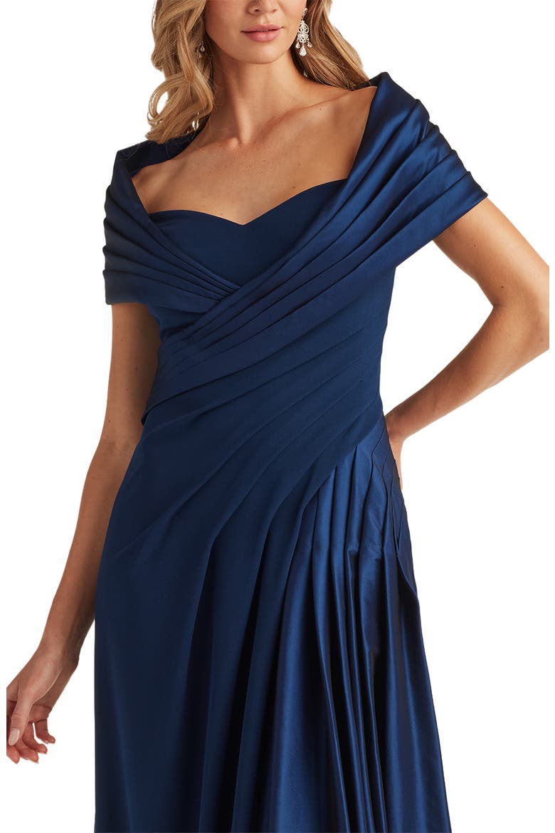 Portrait Collar Satin & Crepe Gown, Alternate, color, NAVY
