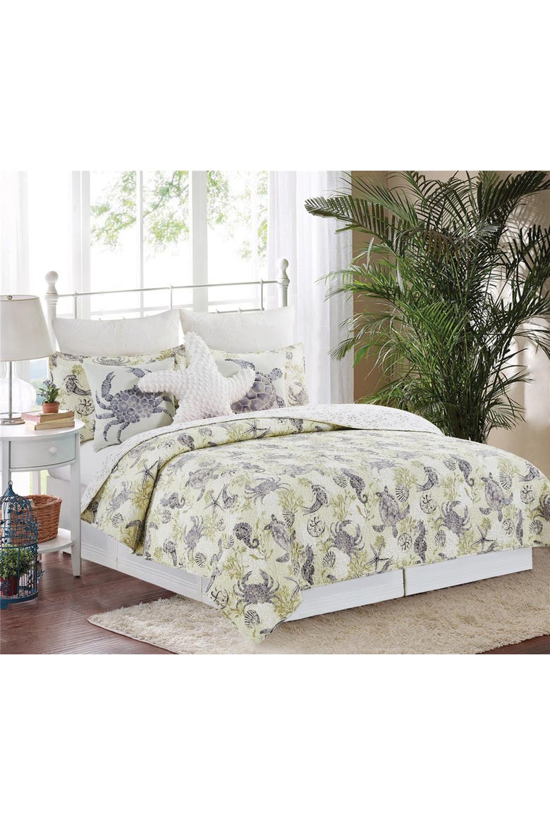 Cannon Beach Coastal Cotton Quilt Set  - Reversible and Machine Washable, Main, color, Green