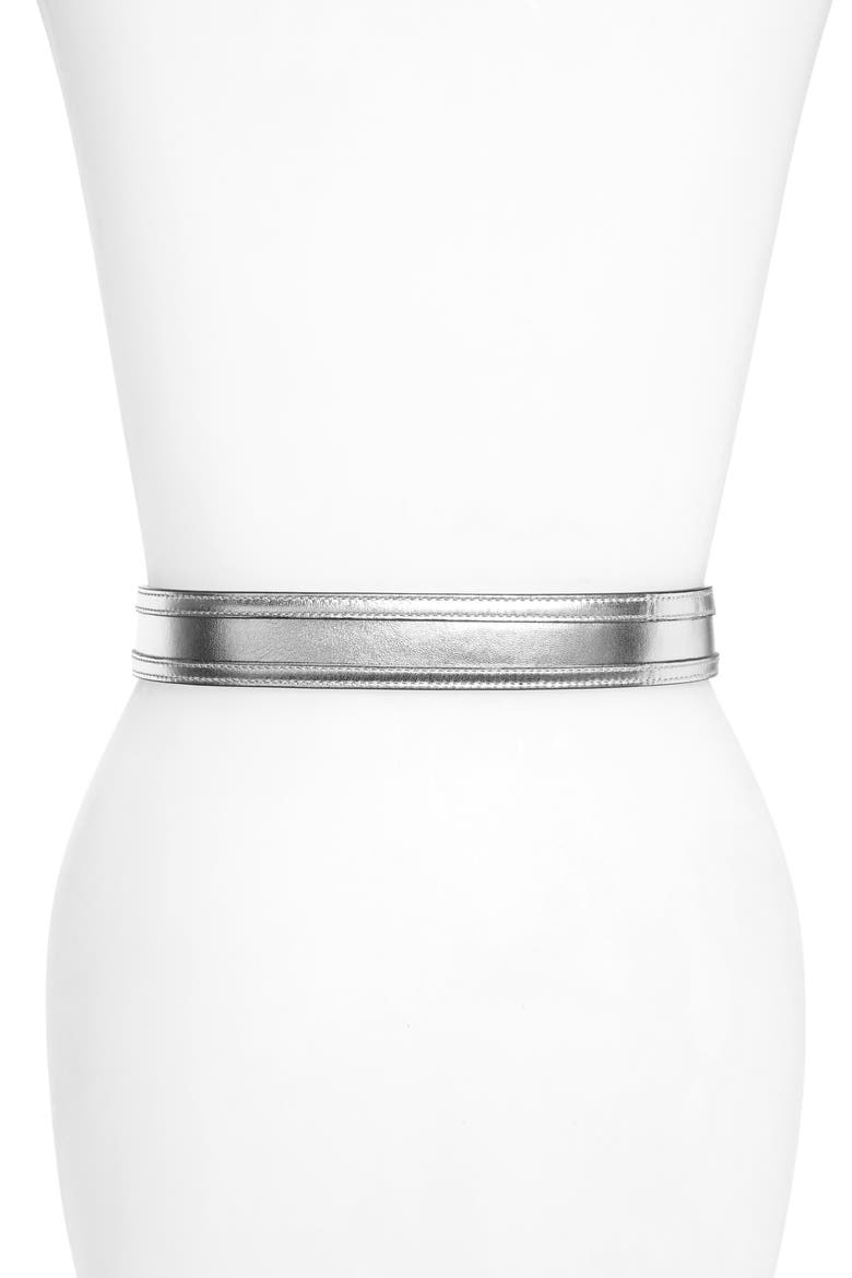 Logo Plate Metallic Leather Belt, Alternate, color, SILVER/ NICKEL