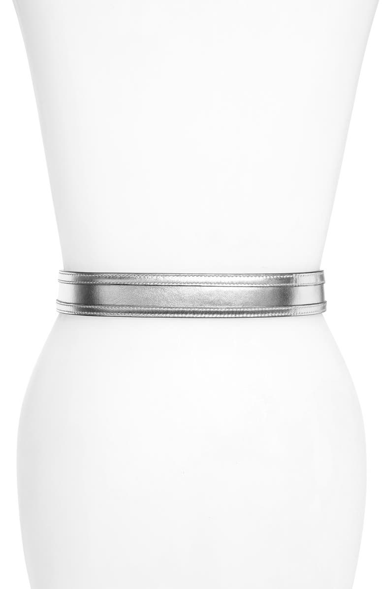 Moschino Logo Plate Metallic Leather Belt, Alternate, color, 