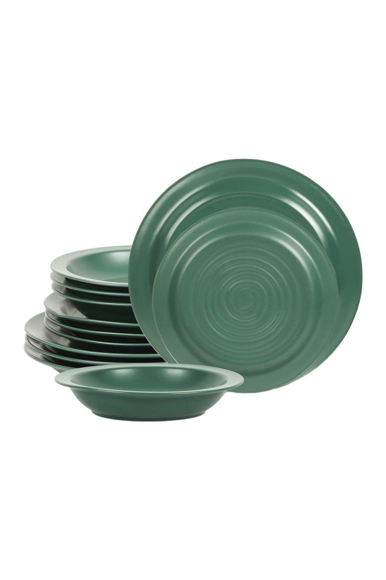 Orbit Stoneware 12-Piece Dinnerware Set with Pasta Bowls, Main, color, Green