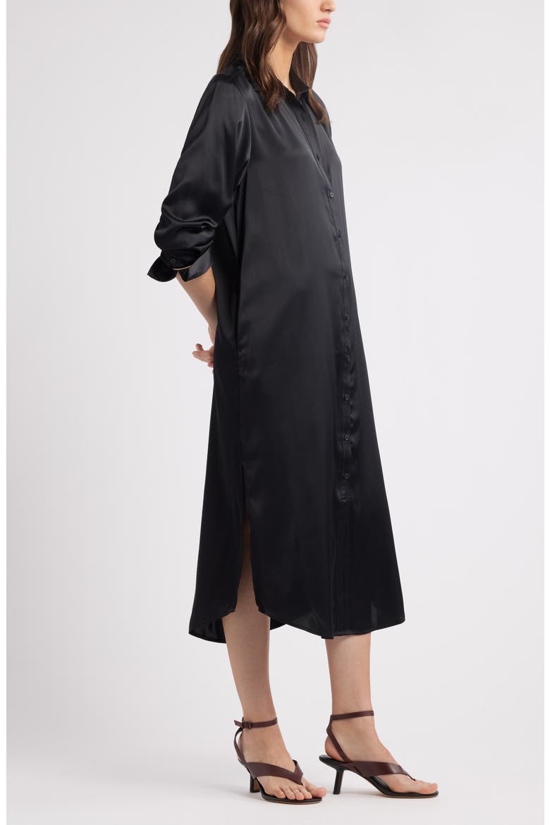 Long Sleeve Satin Midi Shirtdress, Alternate, color, BLACK
