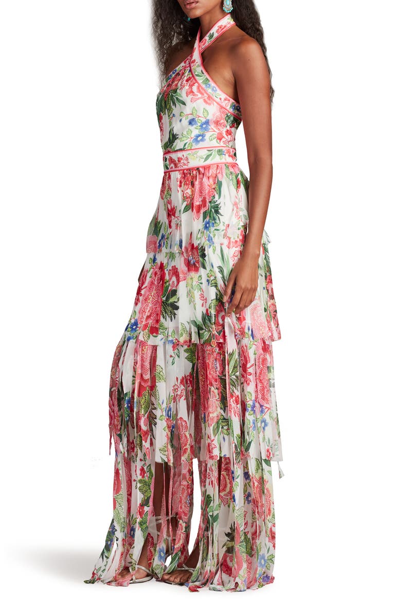 Floral Print Twist Tiered Halter Gown, Alternate, color, WHITE/ FUCHSIA FLORAL