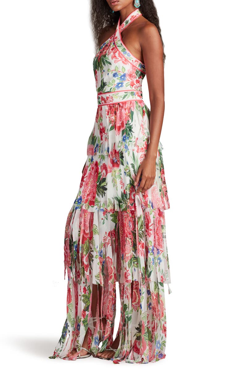Tadashi Shoji Floral Print Twist Tiered Halter Gown, Alternate, color, White/ Fuchsia Floral