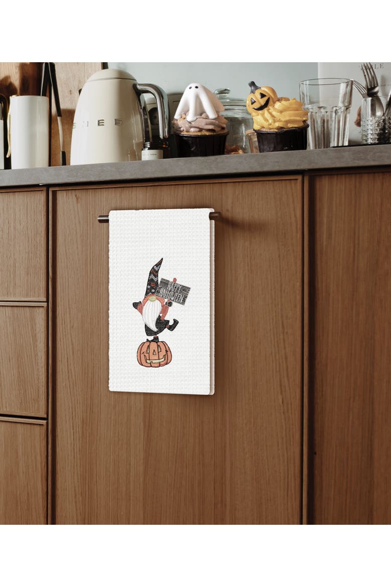 Halloween Gnome Embroidered Cotton Waffle Weave Kitchen Towel, Alternate, color, White