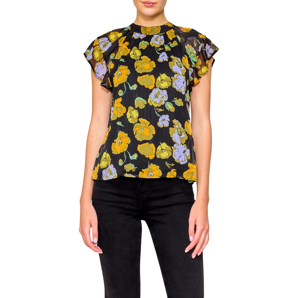 Melloday Flutter Sleeve Chiffon Top In Black/blue Floral