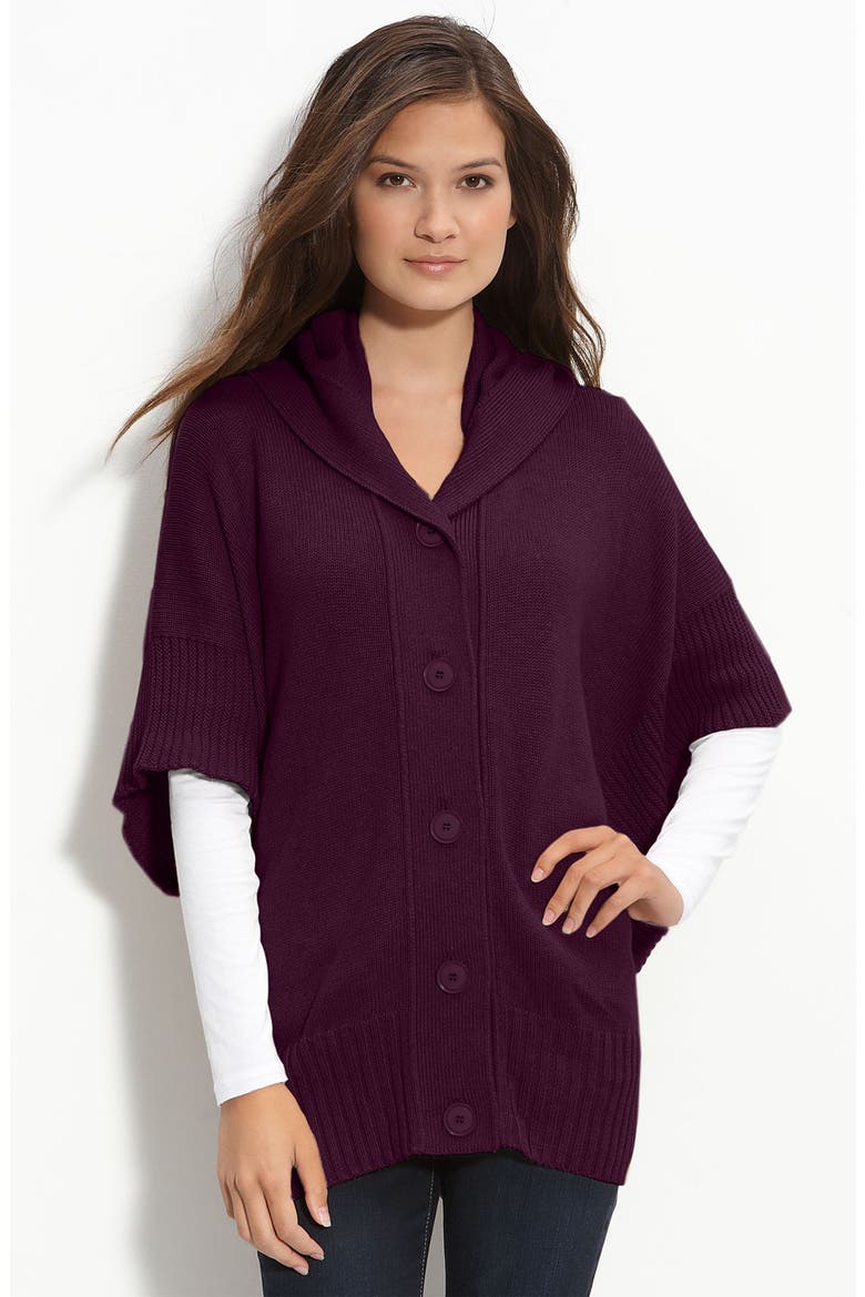 Button Front Hooded Poncho, Main, color, HEATHER BERRY BURGUNDY