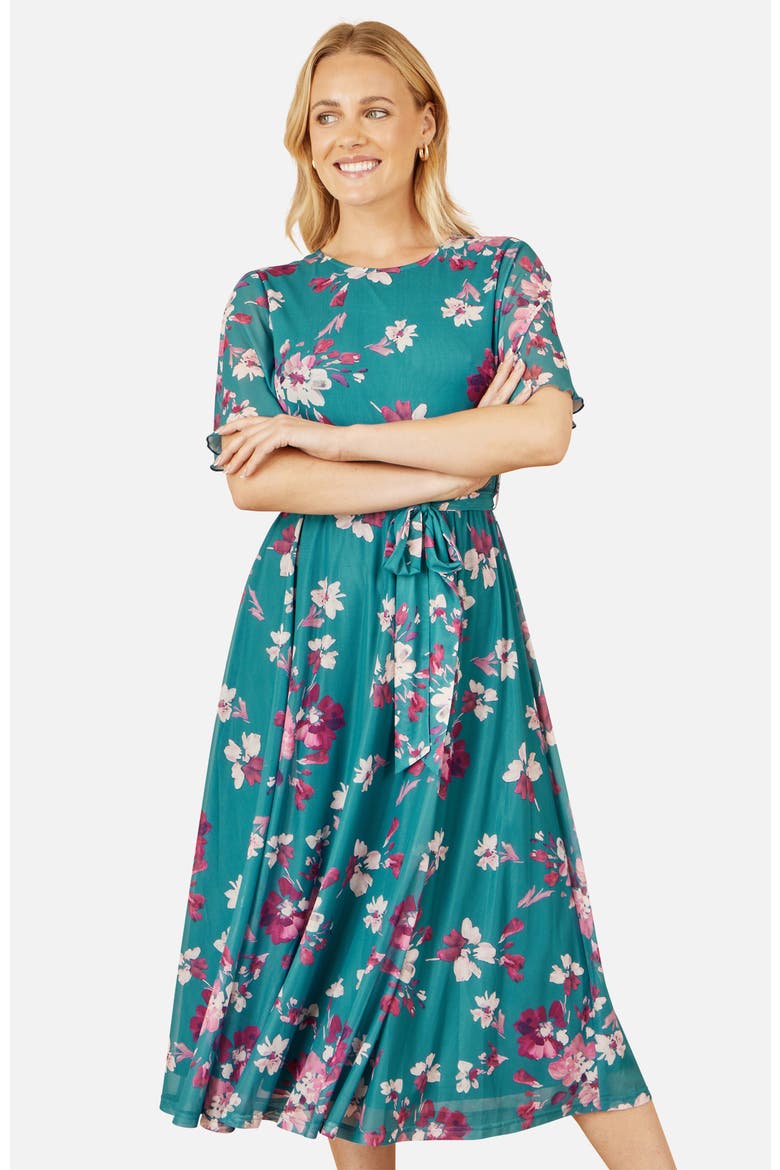 Mesh Skater Floral Midi Dress, Alternate, color, Teal
