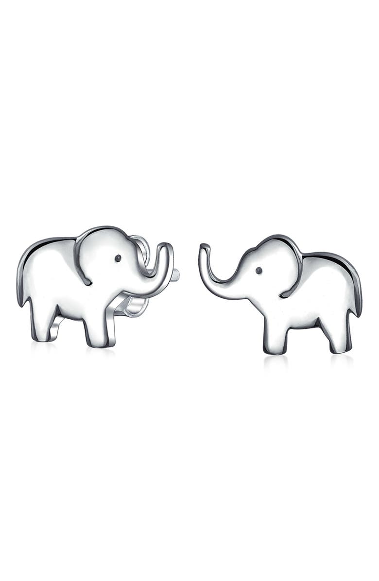 BLING JEWELRY Animal Lover Elephant Stud Earrings, Main, color, Silver
