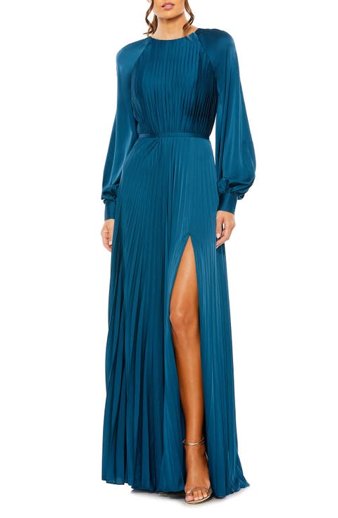 Pleated High Neck Raglan Long Sleeve Side Slit Gown