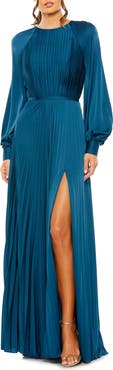 Ieena for Mac Duggal Pleated High Neck Raglan Long Sleeve Side Slit Gown