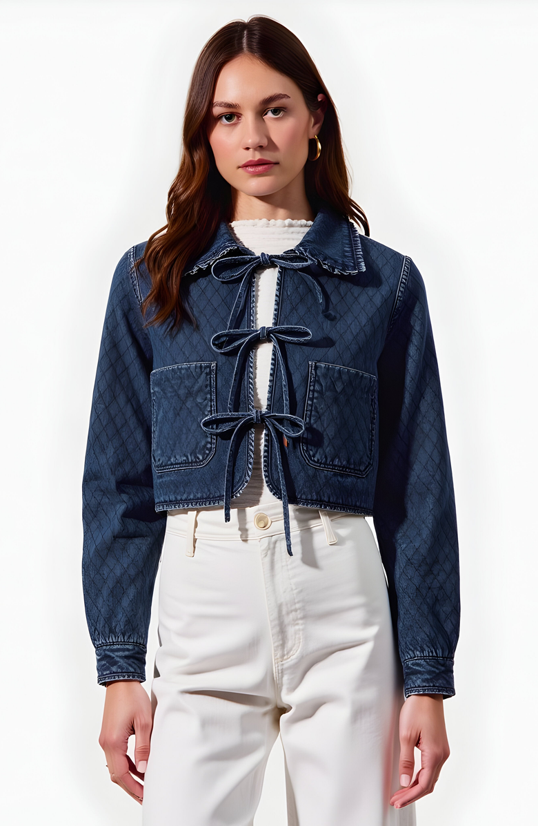 Modenaire Quilted Cropped Denim Jacket with Front Tie Closure and Patch Pockets, Main, color,