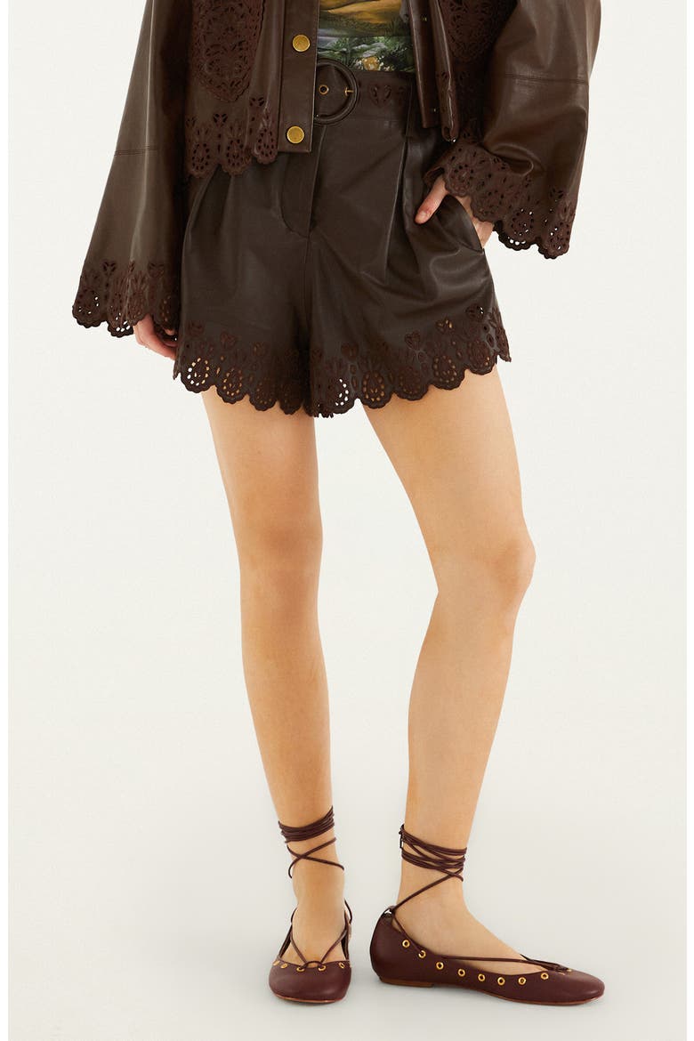 Hearts Cutout Belted Leather Shorts, Main, color, BROWN