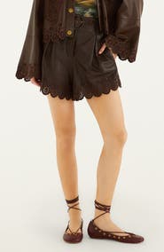 FARM Rio Hearts Cutout Belted Leather Shorts