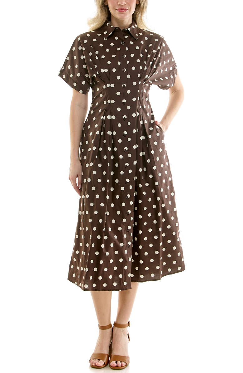 Nicole Miller Polka Dot Pintuck Waist Midi Shirtdress, Alternate, color, Coffee Bean Dot