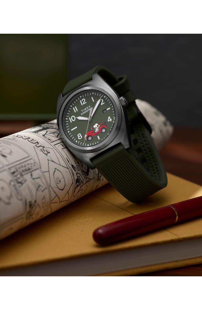 Timex<sup>®</sup> Peanuts<sup>®</sup> x Timex Expedition Snoopy Road Trip 39mm Silicone Strap Watch, Alternate, color, Green/ Gunmetal