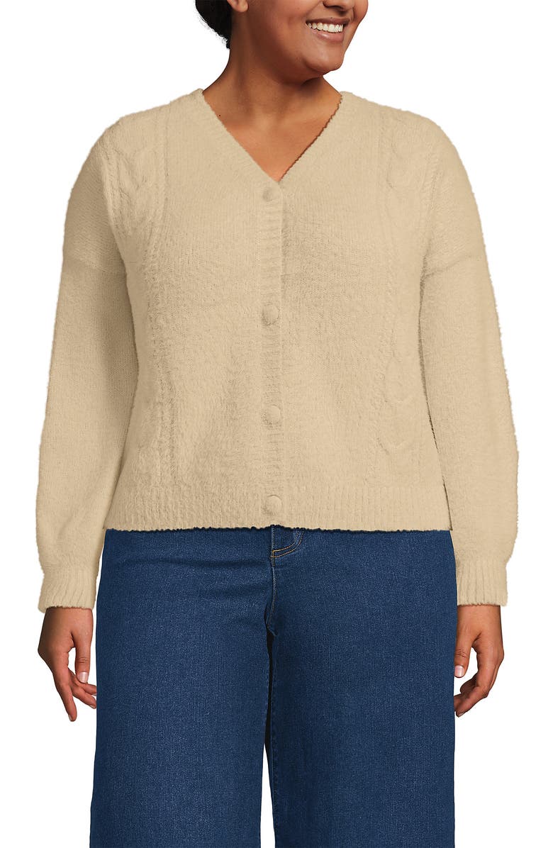 Lands' End Plus Size Fuzzy Eyelash Cable Cardigan Sweater, Main, color, Champagne