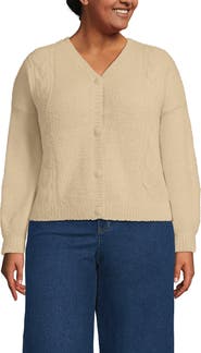 Lands' End Fuzzy Eyelash Cable Cardigan Sweater