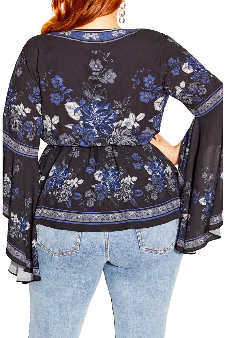 Ashley Floral Surplice Bell Sleeve Top, Alternate, color, BLACK EPIC BORDER