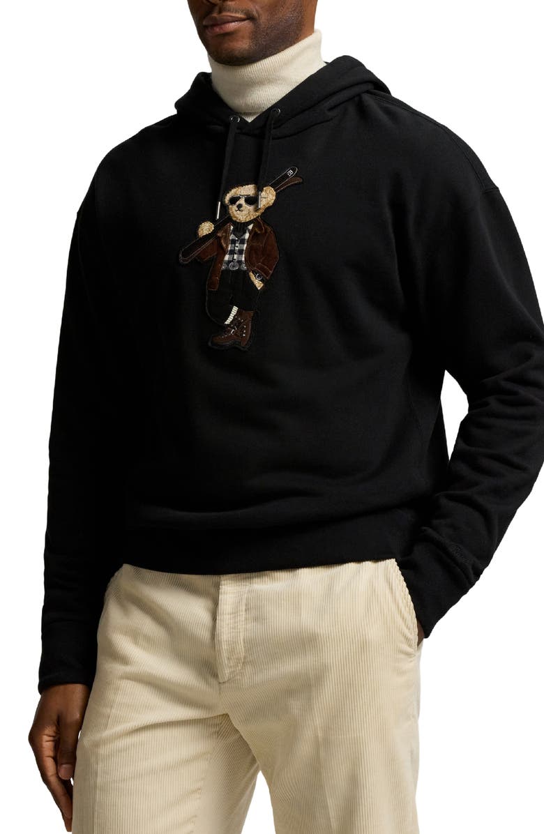 Ralph Lauren Purple Label Felpa Bear Appliqué Cotton & Cashmere Hoodie, Alternate, color, Classic Black