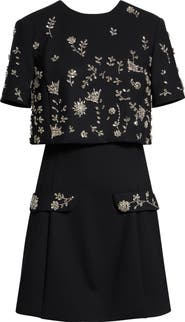 Oscar de la Renta Embellished Crystal Flowers Stretch Wool Cocktail Dress